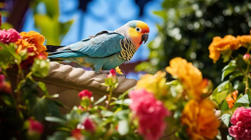 Parakeet eksploruje żywy ogród kolorowe kwiaty ilustracja wektor