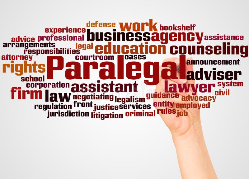 Paralegal word cloud and hand with marker concept