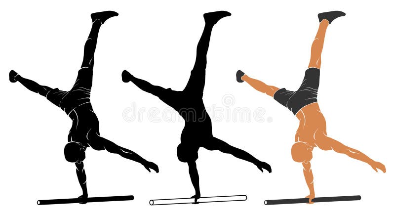 Vector illustration of man performing one-arm handstand on parallel bars. Street workout vectors