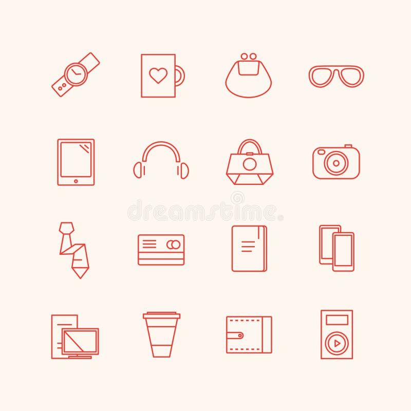 Paraphernalia vector icons set. Business, personal