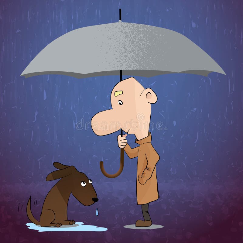 Man found a dog. The vector illustration of a man with umbrella covering a dog from rain. Man found a dog. The vector illustration of a man with umbrella covering a dog from rain.