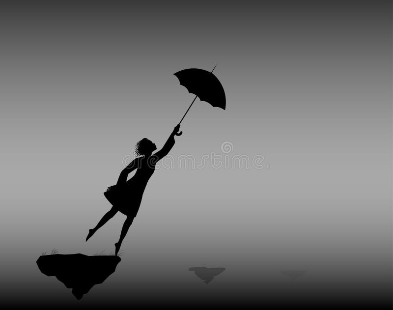Fly in dream, girl holding umbrella and standing on the on flying rock, magic wind, life on flying rock, gust, silhouette. Fly in dream, girl holding umbrella and standing on the on flying rock, magic wind, life on flying rock, gust, silhouette.