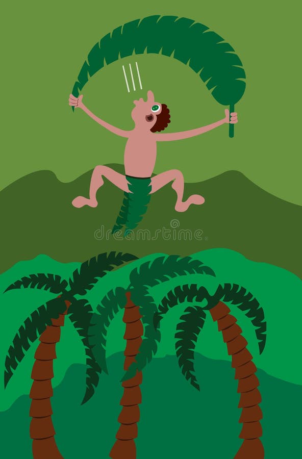 A jungle man parachuting with a leaf. A jungle man parachuting with a leaf