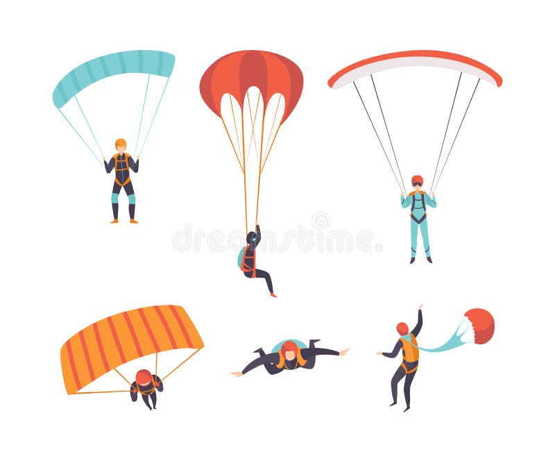 Pessoas Paraquedismo Com Paraquedas Conjunto De Ilustrações