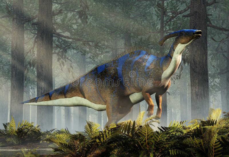 A parasaurolophus, a type of herbivorous ornithopod dinosaur of the hadrosaur family stands on two legs and calls out. This prehistoric animal is in a dense forest. 3D Rendering. A parasaurolophus, a type of herbivorous ornithopod dinosaur of the hadrosaur family stands on two legs and calls out. This prehistoric animal is in a dense forest. 3D Rendering