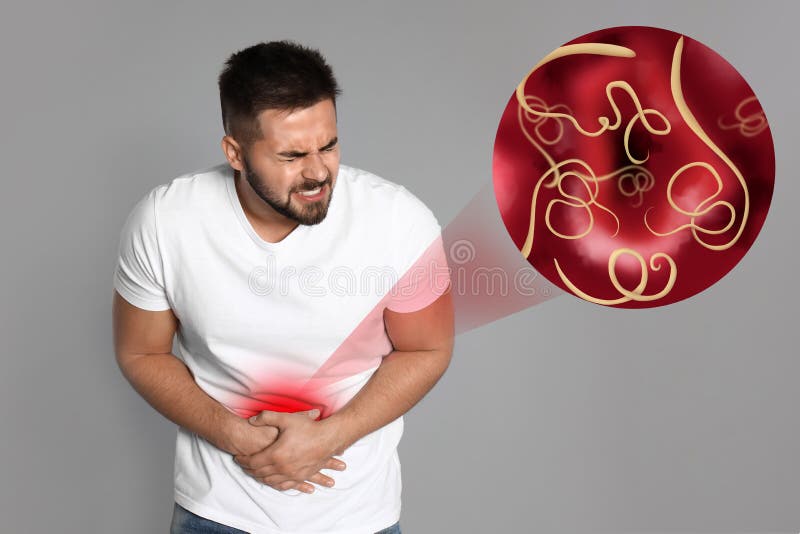 Parasites under microscope and man suffering from helminthiasis stock illustration