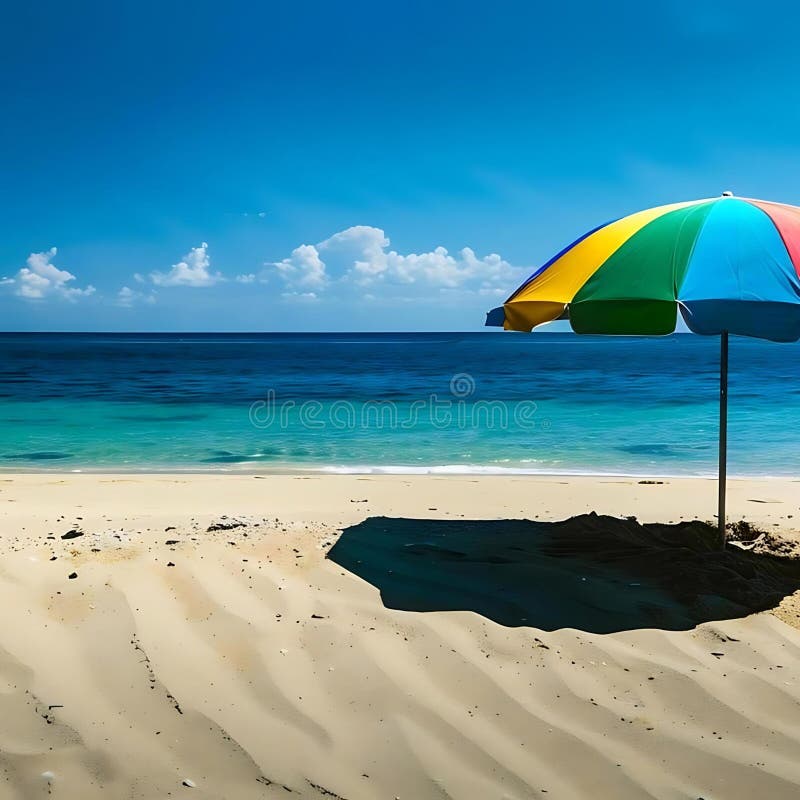 Parasol coloré sur la plage de sable au bord de l'océan. Parapluie coloré dans le sable face à l'océan. il est probable que le parapluie ait été placé sur la plage spécifiquement pour que les gens s'asseyent sous elle et profitent du soleil. il y a aussi plusieurs petits rochers éparpillés dans la zone qui ont peut-être été placés là par la personne qui a pris la photo.