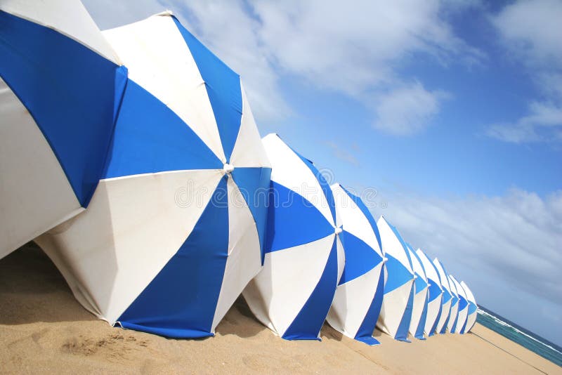 Blue and white parasols on golden beach. Blue and white parasols on golden beach