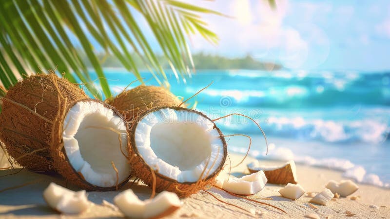 Paraíso tropical cocos frescos en la soleada playa con palmeras océano wavesverano concepto de vacaciones stock de ilustración