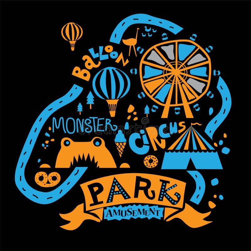Parc d'attractions pour la famille entière, les attractions et les chemins de marche, l'étang, et la crème glacée, café, grande r illustration de vecteur Parc d'attractions pour la famille entière, les attractions et les chemins de marche, l'étang, et la crème glacée, café, grande r illustration de vecteur