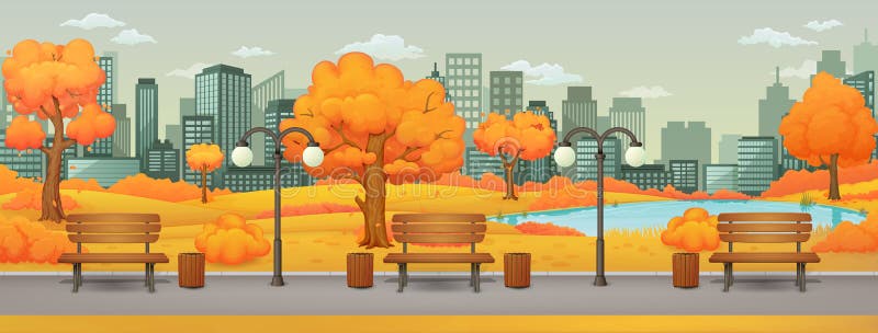Parc d'une journée d'automne, théâtre de rue Bancs avec des poubelles et des lampadaires sur une piste avec des arbres et des arb illustration stock Parc d'une journée d'automne, théâtre de rue Bancs avec des poubelles et des lampadaires sur une piste avec des arbres et des arb illustration stock