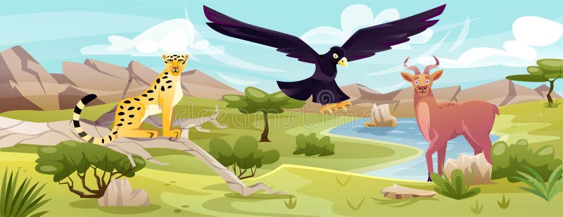 African safari park with animals. Savanna with cheetahs, falcons and antelopes. Landscape with rocks, grass field, river, bushes and trees. Wildlife and Environment. Cartoon flat vector illustration. African safari park with animals. Savanna with cheetahs, falcons and antelopes. Landscape with rocks, grass field, river, bushes and trees. Wildlife and Environment. Cartoon flat vector illustration