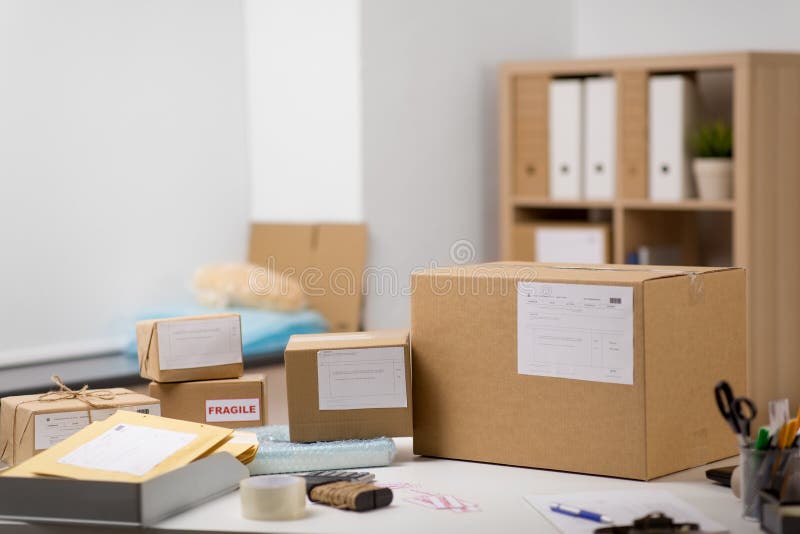 Parcel Boxes and Packing Stuff at Post Office Stock Image Image of