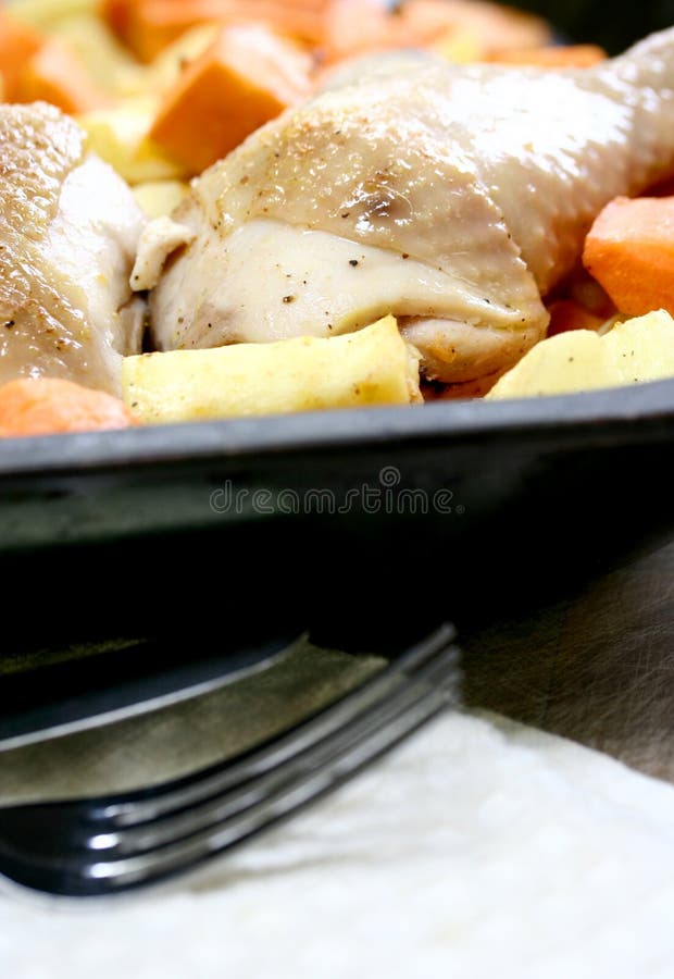 Portions of chicken, slowly roasted with carrots, parsnips and sweet potatoes. Delicious and nutritious meal. Portions of chicken, slowly roasted with carrots, parsnips and sweet potatoes. Delicious and nutritious meal.