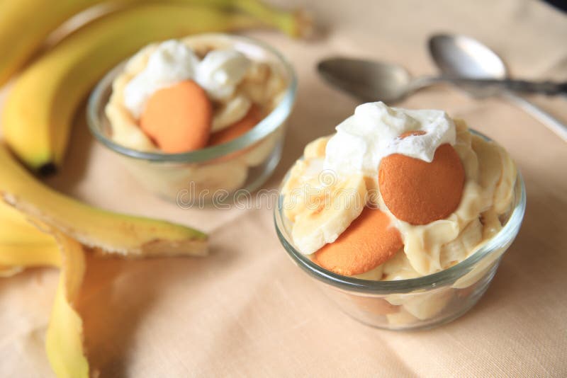 Individual servings of a Southern USA classic dessert made with bananas, vanilla pudding and whipped cream. Individual servings of a Southern USA classic dessert made with bananas, vanilla pudding and whipped cream