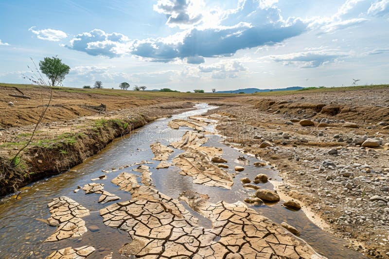 Parched riverbed with cracks in the soil, symbolizing drought, arid environment, climate change, water shortage royalty free stock photos