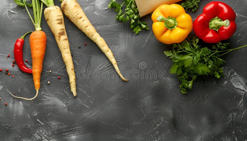 Parchment with tasty baked parsnip and bell pepper on dark grey table, space for text, ai generated