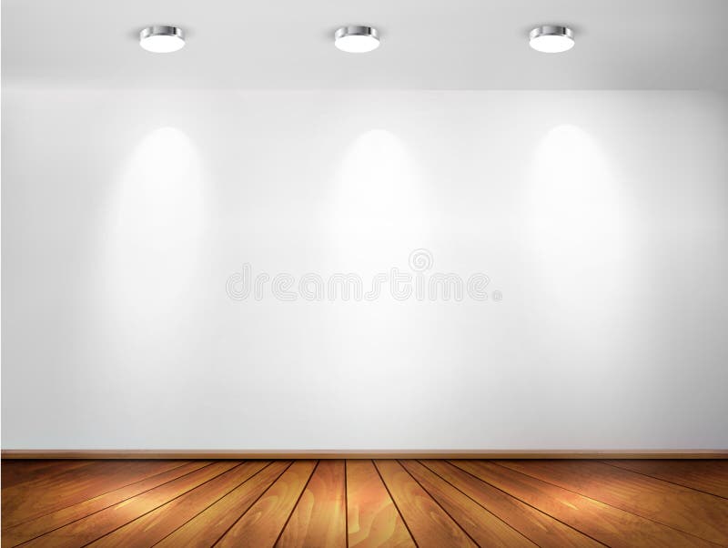 Pared con los proyectores y el piso de madera. Sala de exposición co libre illustration