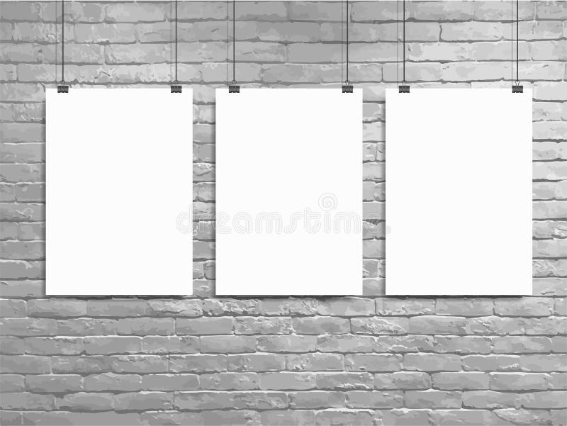 Pared de ladrillo del blanco de la maqueta del cartel del vector tres stock de ilustración Pared de ladrillo del blanco de la maqueta del cartel del vector tres stock de ilustración