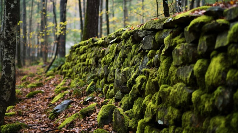 Pared de piedra acristalada con musgo. Pared de piedra templada con imagen generada por moss ai