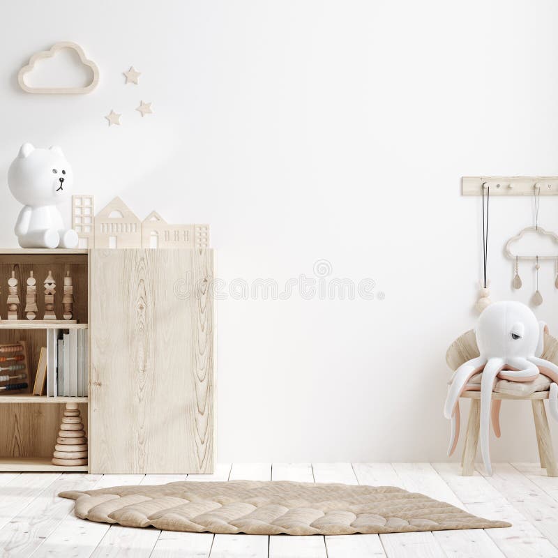 Blank wall mock up in cozy nursery interior background, Scandinavian style, 3D render. Blank wall mock up in cozy nursery interior background, Scandinavian style, 3D render