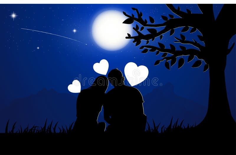 Pareja De Hombres Y Mujeres Sentados Bajo Un árbol Con Luna En El Cielo Por  La Noche Stock de ilustración - Ilustración de cielo, vector: 205410151
