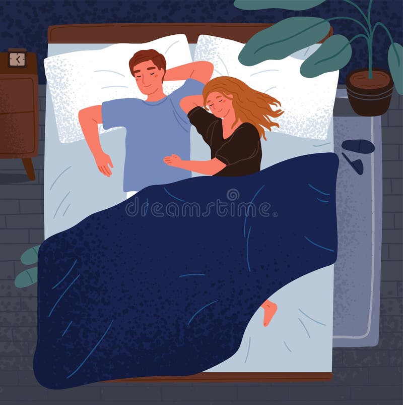 Happy couple sleeping together on bed vector flat illustration. Enamored man and woman hugging relaxing at night top view. Married pair in sleepwear lying on pillow under blanket at bedroom. Happy couple sleeping together on bed vector flat illustration. Enamored man and woman hugging relaxing at night top view. Married pair in sleepwear lying on pillow under blanket at bedroom.