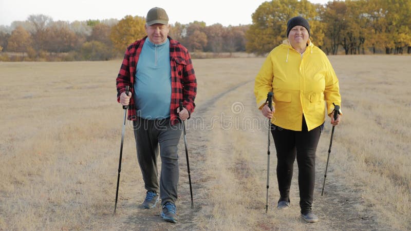 Pareja madura caminando nórdico por el camino en el prado.