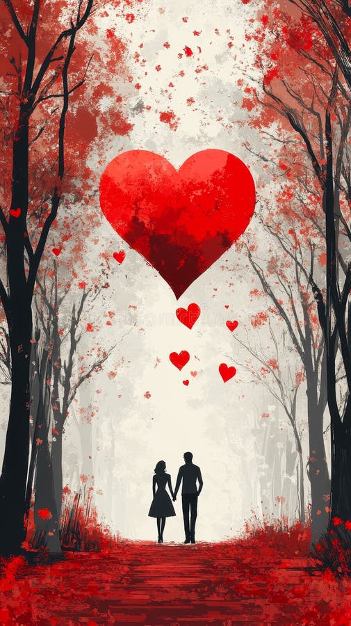 Pareja romántica en mano a lo largo de un sendero panorámico sosteniendo alegremente un globo cardiaco que simboliza el amor imagenes de archivo