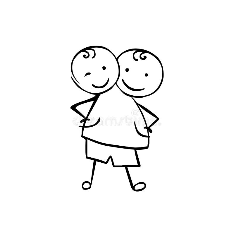 Siamese twins boys. Linear vector people in the children`s style. Siamese twins boys. Linear vector people in the children`s style