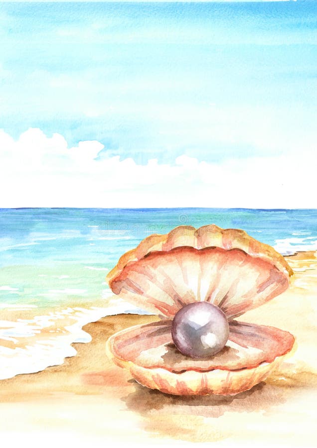 Parel in shell op het de Zomer tropische strand met gouden zand Hand getrokken verticale waterverfillustratie royalty-vrije illustratie Parel in shell op het de Zomer tropische strand met gouden zand Hand getrokken verticale waterverfillustratie royalty-vrije illustratie