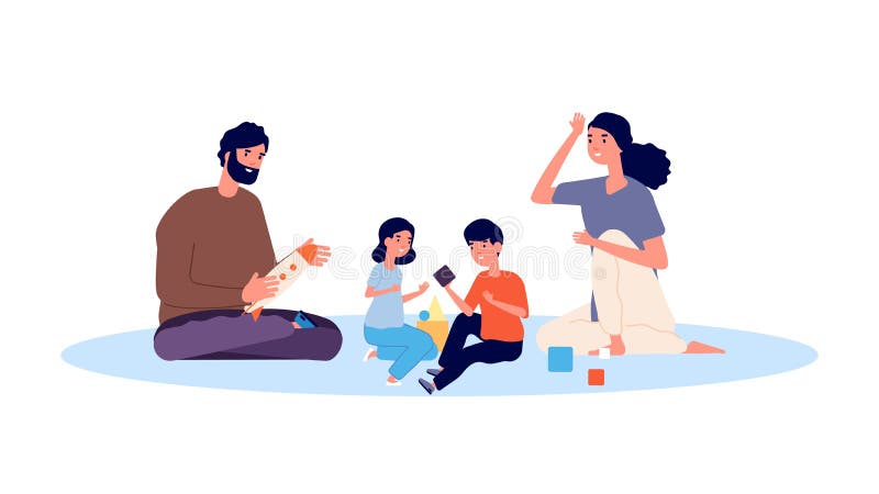 Parenthood concept. Happy family playing. Mother father son and daughter vector characters. Mother and father, daughter and son illustration