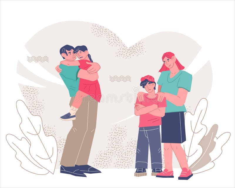 Parents hugging and comforting upset teenage. Parent-child relationship, overcoming teenage crisis, flat vector illustration isolated on white background. Parents hugging and comforting upset teenage. Parent-child relationship, overcoming teenage crisis, flat vector illustration isolated on white background.