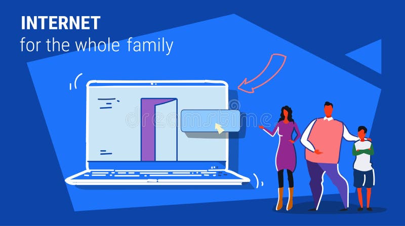 Parents and son using laptop computer web browser internet for whole family online browsing concept people searching vector illustration