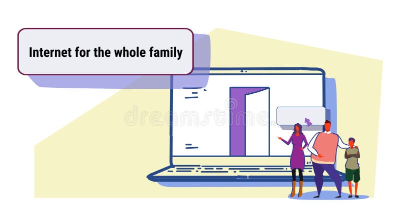 Parents and son using laptop computer web browser internet for whole family online browsing concept people searching stock illustration