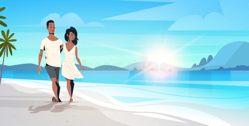 Pares afroamericanos en la mujer del hombre del amor que abraza en vacaciones de verano tropicales del paisaje marino de la salid ilustración del vector Pares afroamericanos en la mujer del hombre del amor que abraza en vacaciones de verano tropicales del paisaje marino de la salid ilustración del vector