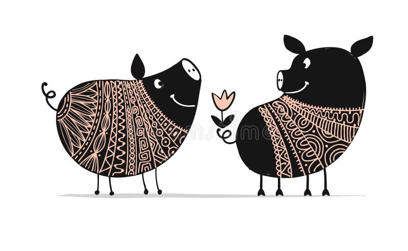 Pares bonitos de porcos, símbolo de 2019 para seu projeto ilustração royalty free Pares bonitos de porcos, símbolo de 2019 para seu projeto ilustração royalty free