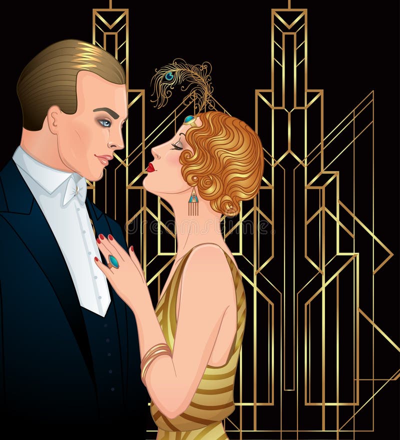 Pares bonitos no estilo do art deco Forma retro: homem a do encanto ilustração do vetor Pares bonitos no estilo do art deco Forma retro: homem a do encanto ilustração do vetor