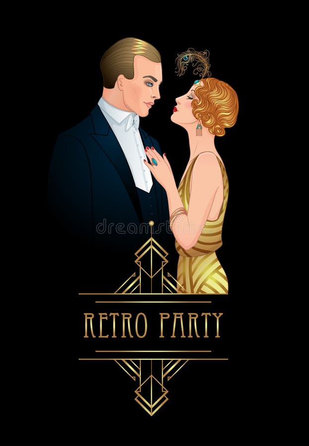 Pares bonitos no estilo do art deco Forma retro: homem a do encanto ilustração royalty free Pares bonitos no estilo do art deco Forma retro: homem a do encanto ilustração royalty free