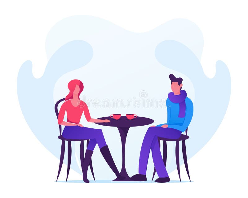Pares cariñosos que fechan en Autumn Time, hombre joven y la mujer llevando la ropa caliente que se sienta en la tabla en café be libre illustration Pares cariñosos que fechan en Autumn Time, hombre joven y la mujer llevando la ropa caliente que se sienta en la tabla en café be libre illustration