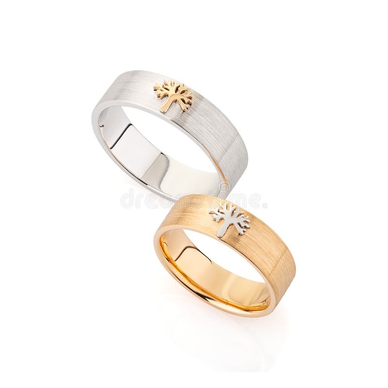 Pares Anillo Hombre De Plata Y De Anillo Para Mujer Del Oro Del Rosa Con El ?rbol Aislado En El Fondo Blanco de archivo - Imagen romance, aniversario: