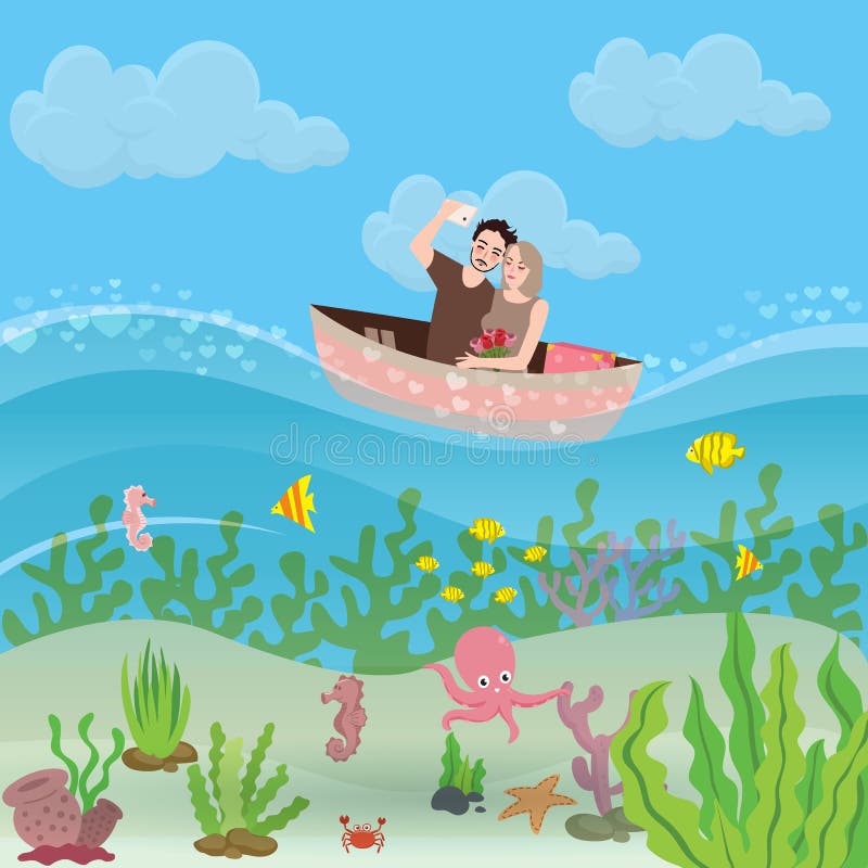 Pares de bote da equitação do noivo e da amiga Povos de Selfie que apreciam o feriado e que compartilham de momentos Sob a água ilustração stock Pares de bote da equitação do noivo e da amiga Povos de Selfie que apreciam o feriado e que compartilham de momentos Sob a água ilustração stock