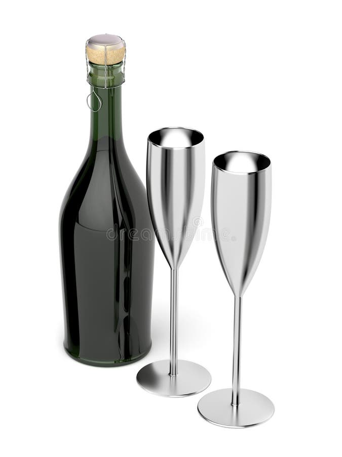 Pair of silver champagne flutes and bottle on white background. Pair of silver champagne flutes and bottle on white background