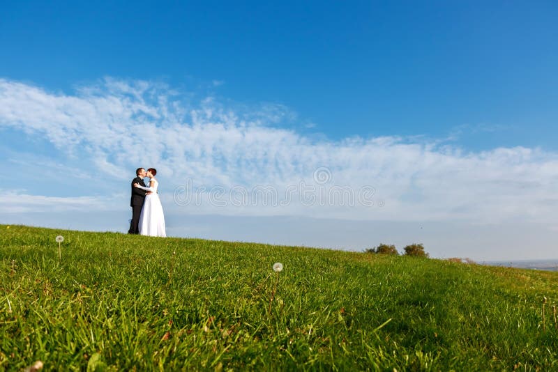 Pares de la boda al aire libre en fondo del cielo azul fotos de archivo libres de regalías Pares de la boda al aire libre en fondo del cielo azul fotos de archivo libres de regalías