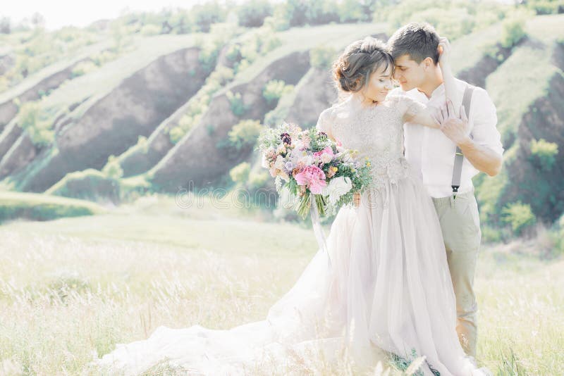 Pares de la boda en la naturaleza novia y novio que abrazan en la boda imagen de archivo libre de regalías Pares de la boda en la naturaleza novia y novio que abrazan en la boda imagen de archivo libre de regalías
