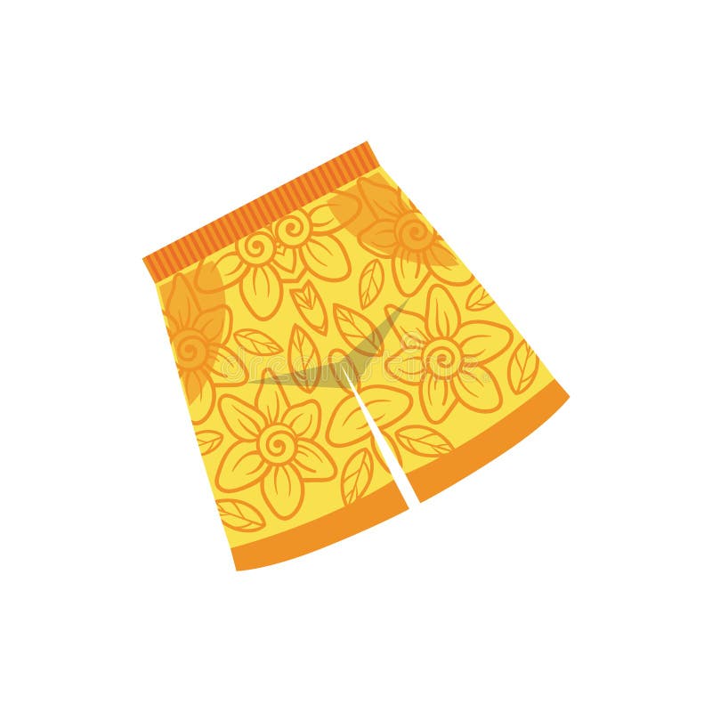 Pair Of Yellow Swimshorts With Floral Motive Bright Color Cartoon Simple Style Flat Vector Illustraton On White Background. Pair Of Yellow Swimshorts With Floral Motive Bright Color Cartoon Simple Style Flat Vector Illustraton On White Background