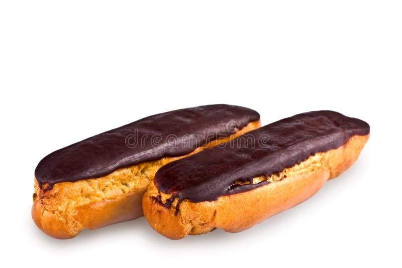 Pair of cakes, eclairs on a white background. Pair of cakes, eclairs on a white background