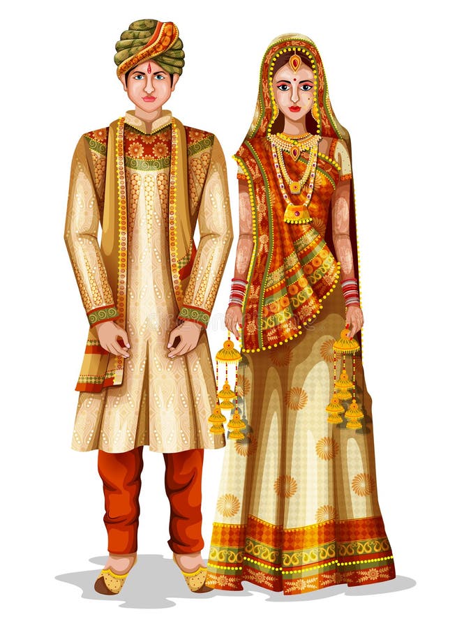Pares do casamento de Haryanvi no traje tradicional de Haryana, Índia