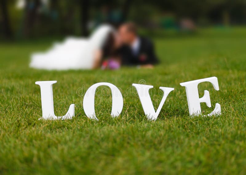 Pares do casamento unfocused e palavra do amor na grama fotos de stock Pares do casamento unfocused e palavra do amor na grama fotos de stock