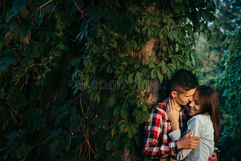 Pares felices hermosos en amor Están abrazando suavemente cerca de la pared cubierta con verdor Wroclaw, Polonia, centenaria foto de archivo Pares felices hermosos en amor Están abrazando suavemente cerca de la pared cubierta con verdor Wroclaw, Polonia, centenaria foto de archivo